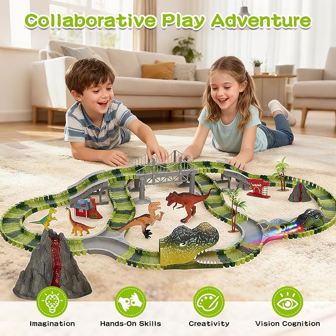 Dinosaur Toys Race Track for Boys 3-5 5-8 Year Old, Flexible Train Tracks Set with LED Light Up Dino Car, Dinosaur World Adventure Toys, STEM Birthday Gifts for Toddlers Kids Age 3 4 5 6 7