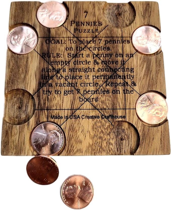 Creative Crafthouse 7 Pennies Puzzle, Wood Coin Brain Teaser, Made in USA | The real US cents are included, nothing else to buy. Slide each one in a straight line to its circle. A 3.6 inch desk gift