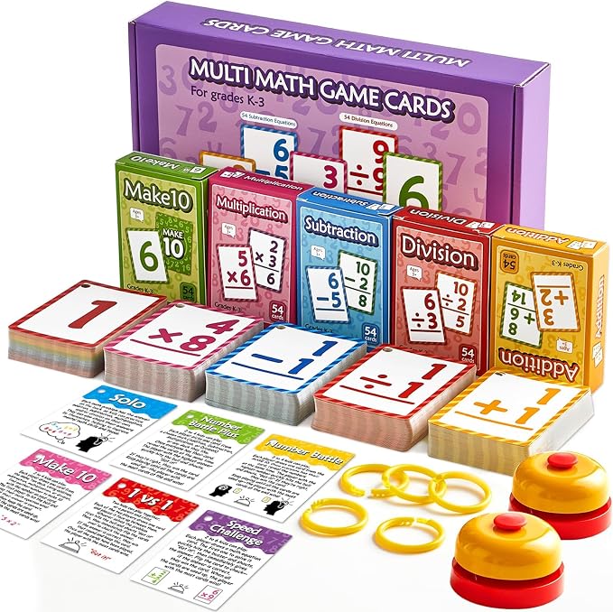 Math Flash Cards Set of 5 - Addition Subtraction Division Multiplication Make 10 for 1st 2nd 3rd Math Game with 5 Rings 2 Quick Answer Bells 276 Double-Sided Flashcards
