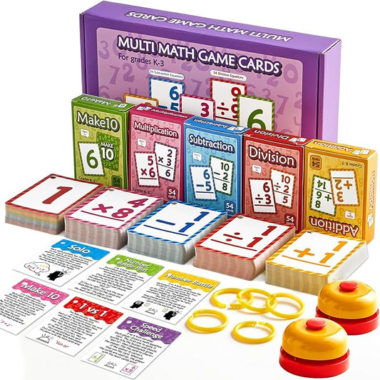 Math Flash Cards Set of 5 - Addition Subtraction Division Multiplication Make 10 for 1st 2nd 3rd Math Game with 5 Rings 2 Quick Answer Bells 276 Double-Sided Flashcards