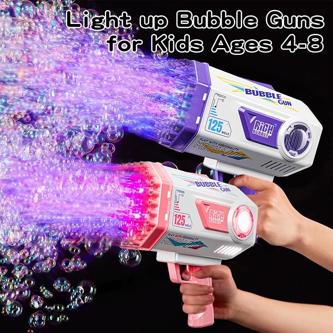 Deserthome Bubble Gun, Upgraded 125 Holes Bubble Guns for Wedding, Pink Bubble Machine for Kids Age 3 4 5 6 7 8 9 10 11 12 Year Old, Big Bubble Blower Gun with Lights, Easter Outdoor Party Favors