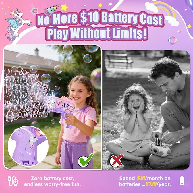 Rechargeable Unicorn Bubble Gun, Unicorn Toys for Girls Age 4-6, Outdoor Toys Bubble Machine, 3 4 5 6 7 8 9 10 11 12 Year Old Girl Gifts, Easter, Birthday, Summer, Wedding, Party Favors, Halloween