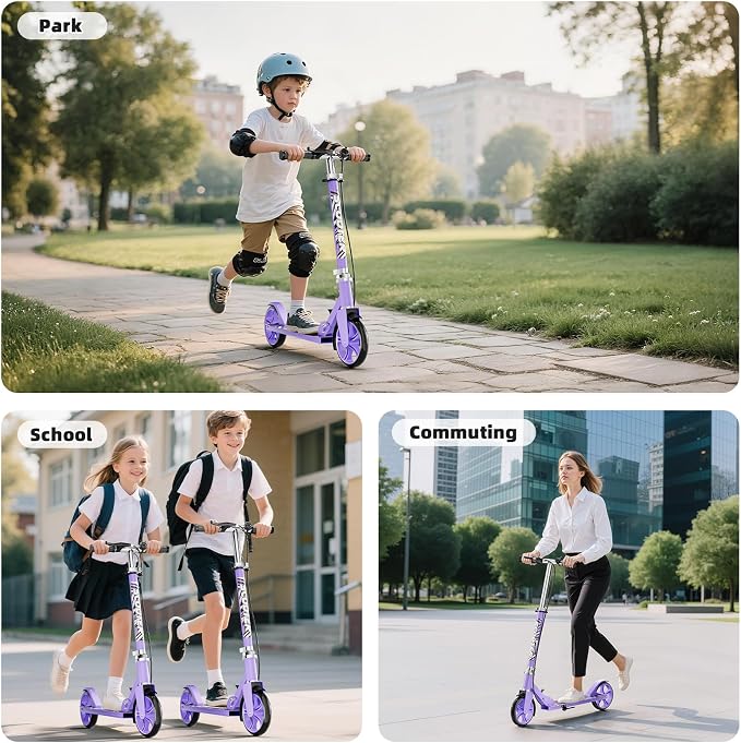 Scooters for Kids 8-12, Teens & Adults - Lightweight, Foldable, 8-Inch Big Wheels, Hand Brake & Bell, 4 Adjustable Height Levels, 240 lbs Max Load, Perfect for School, Campus and Park Rides