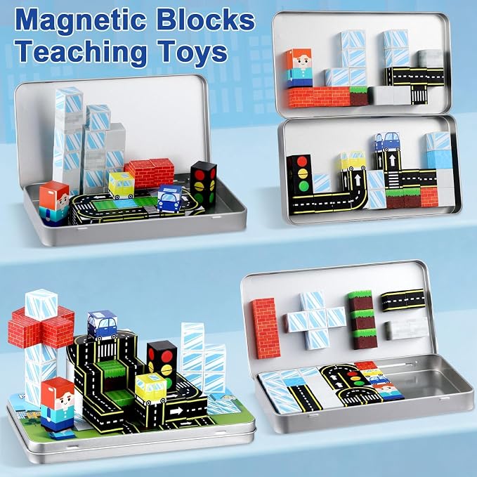 QOUBAI 45PCS Mini Magnetic Blocks Travel Toys, Magnet Building Cubes Tiles Set with Portable Iron Case, Learning Activities Gifts for Kids Toddlers Boys & Girls Ages 3-8 (Traffic Road)