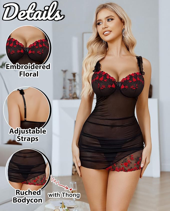 Avidlove Lingerie for Women Mesh Babydoll Lingeries Lace Chemise Floral Sleepwear Dress Sheer Exotic Boudoir Outfit S-XXL