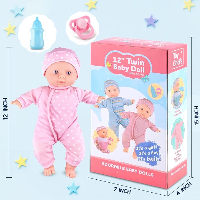 Toy Choi's Twin Baby Dolls 12 inch Soft Body Doll Set, Babydoll Playset with Rompers, Hat, Pacifier and Doll Bibs, Gifts Toys Toddlers Kids Boys and Girls