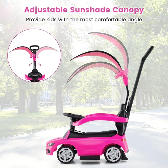 OLAKIDS Push Car for Toddlers, 3 in 1 Licensed Mercedes Benz Baby Sliding Walking with Parent Control Handle Adjustable Canopy Guardrail Under Seat Storage, Kids Ride on Toys with Horn (Pink)