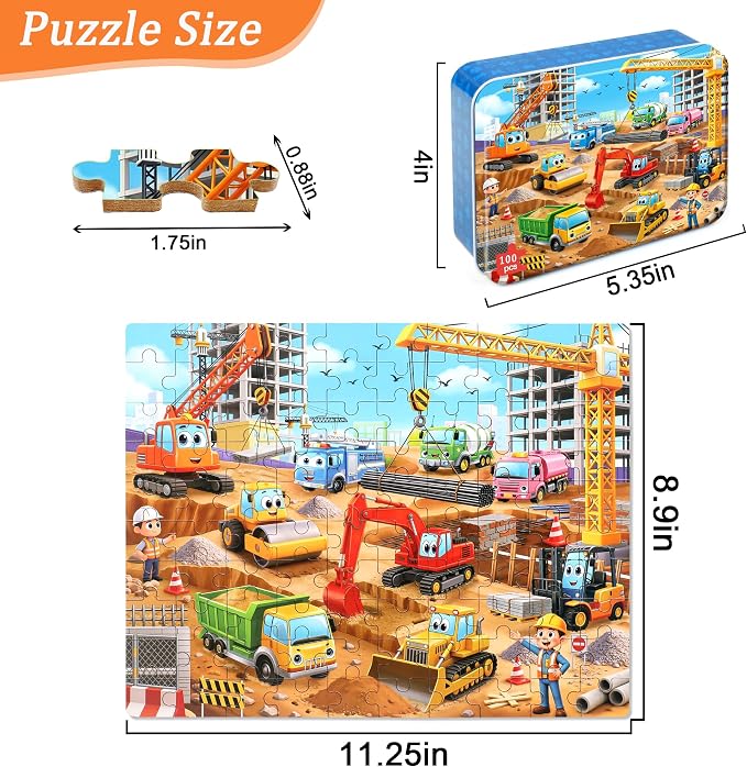 MZZOTOY Construction Site Puzzle for Kids Ages 4-8, 100 Pieces Jigsaw Puzzles for Kids Ages 3-5， Learning Educational Puzzles Toys Great Gift for Boys Girls in a Metal Box