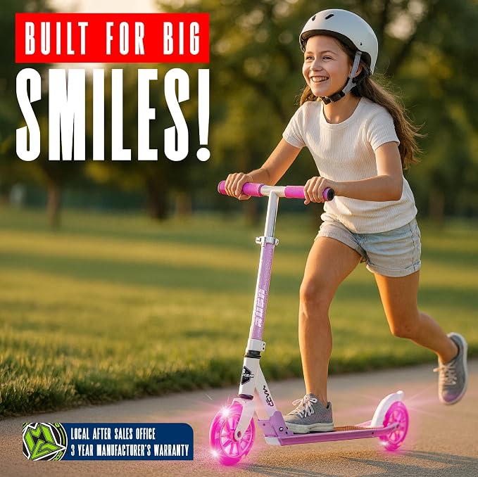 Kick Scooter for Ages 5+ - Kids, Teens & Adults. Max Load 220lbs. Foldable, Light-Up Wheels, Adjustable Height, Lightweight - Rush 125 Madd Gear
