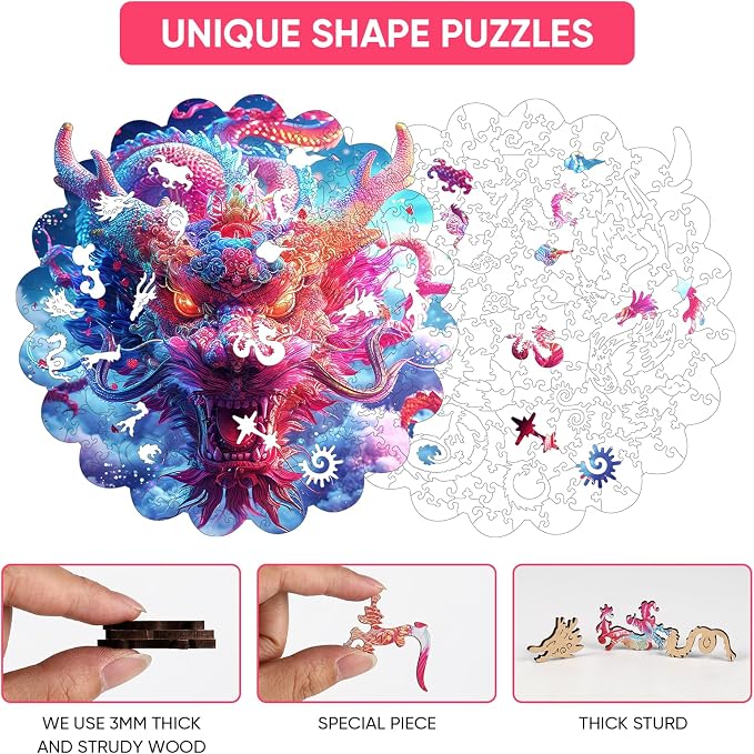 MEATRN Dragon Wooden Puzzles for Adults - Oriental Mythology Kirin Wooden Jigsaw Puzzle, Luxury Wood Wall Decorative for Collectors, Unique Gift & Home Décor, 203 Pcs, 11.4x11.4 in