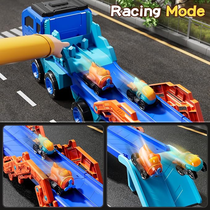 PEADUCK Toddler Car Truck Toys for Kids Boys Ages 3-5, 10-in-1 Foldable Carrier Space Truck Toys with Lights & Sounds and 9 Race Cars, Birthday Gift for 3 4 5 6 7 8 Years Old Boys Girls