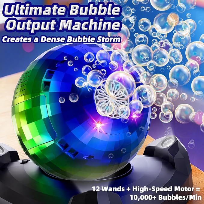 Bubble Machine for Kids & Toddlers 1-3, Automatic Disco Bubble Blower Maker with Bubble Toys, LED Lights & 360° Rotation, 10000+ Bubbles Per Min, Outdoor Game Toy for Easter Birthday Party