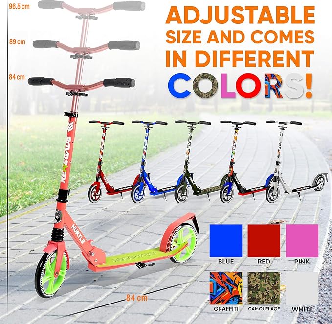Hurtle Renegade Kick Scooter for Kids, Teenagers & Adults - 2-Wheel Folding Scooter with Adjustable T-Bar Handlebar - Alloy Anti-Slip Deck