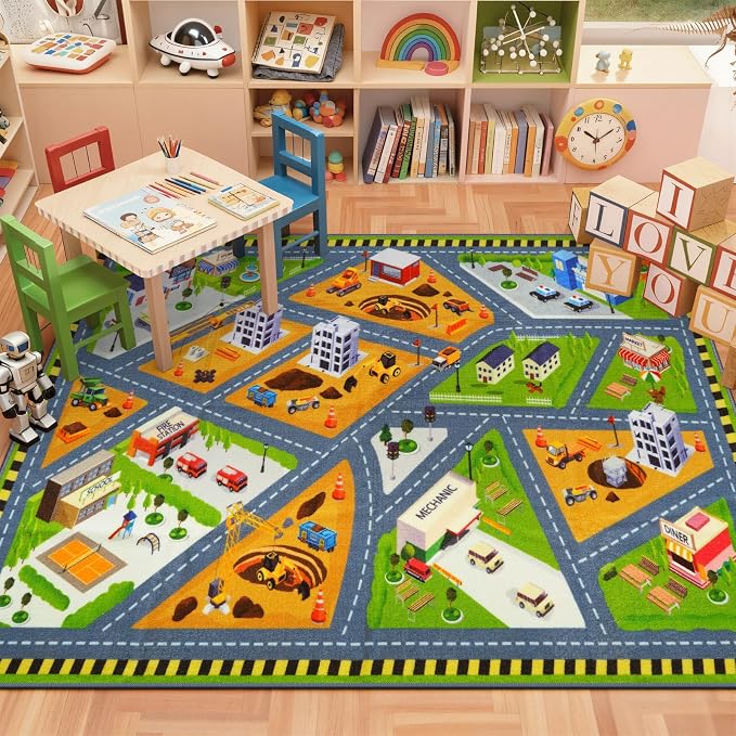 STARUIA Kids Carpet Playmat Rug, 5.3x6.6 Ultra Non-Slip Car Rug Play Mat Learn and Have Fun Educational City Road Car Carpet for Kids, Washable Car Kid Rugs for Boys Room Playroom Bedroom Nursery