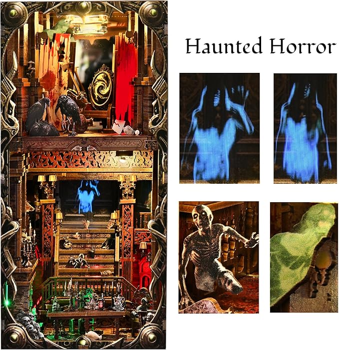 Creepy Book Nook Kit, DIY Miniature Dollhouse Halloween 3D Puzzle,Horror Scary 3D Wooden Puzzle Bookend Bookshelf Insert Decor with LED Light,Bloody Hotel