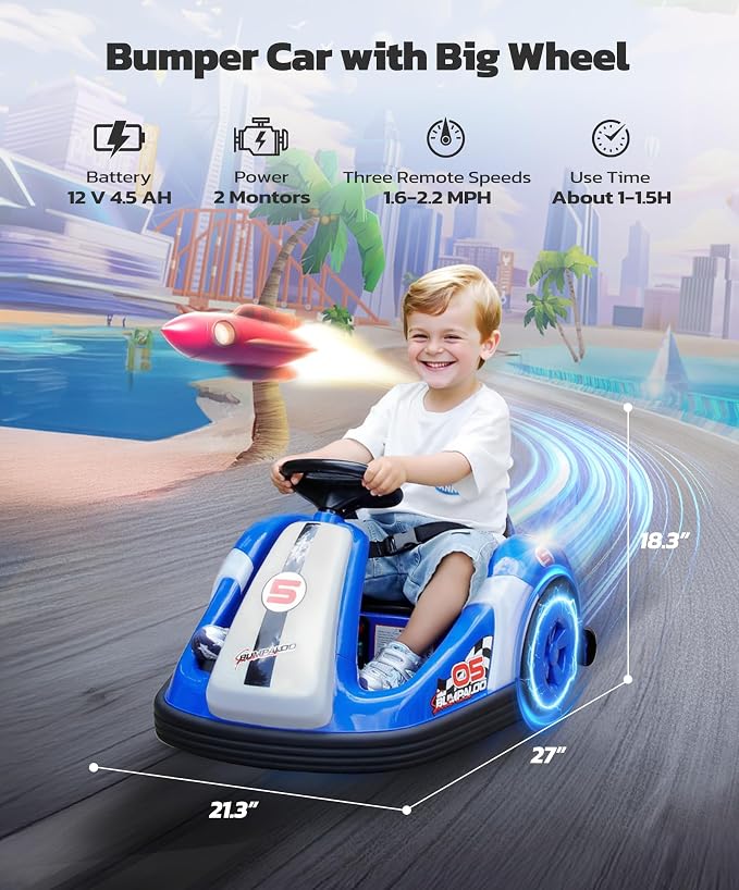 ELEMARA Bumper Cars for Toddlers with Big Wheel,2.2 Mph Max,12v Electric Ride On Toys with Remote Control, 360 Degree-Spin Baby Bumper Car with DIY Stickers, Bluetooth, Music, LED Light, Navy Blue