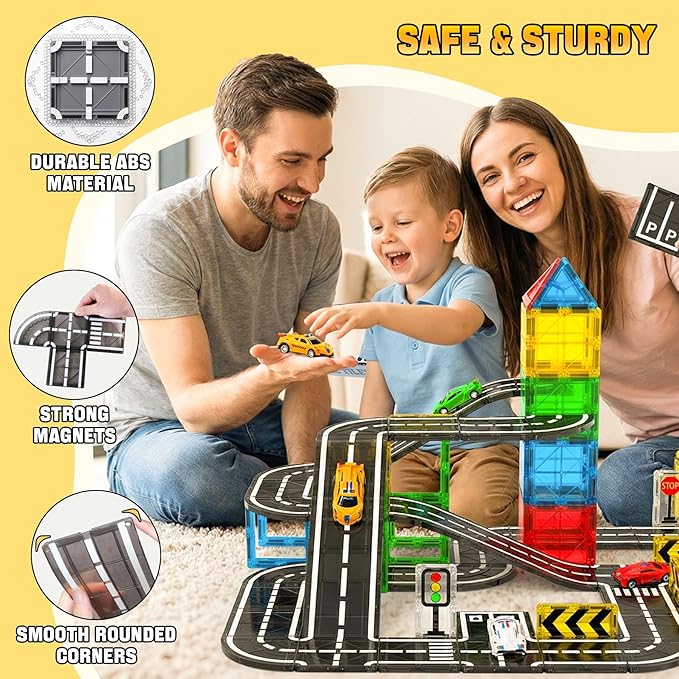 SKTMYY Magnetic Tiles Road Set with Cars & Ramp, STEM Magnetic Tiles for Kids Ages 4-8, Creative Magnet Building Blocks Expansion Pack, Montessori Toys for 4+ Years Old Boys Birthday Gifts
