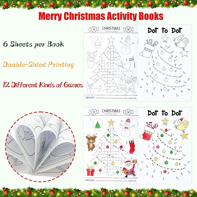 Dvbonike 24Pcs Christmas Activity Books for Kids Bulk Merry Christmas Mini Fun Games Coloring Book Santa Snowman Reindeer Party Favors Goodie Bags Stuffers Birthday Classroom School Rewards Supplies