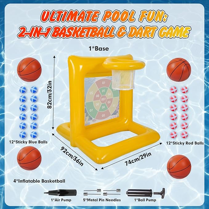 Pool Toys for Kids & Adults, 2-in-1 Pool Basketball and Dart Board Game Set, Family Summer Water Games for Kids Ages 6+ and Adults, Backyard Pool Party Games, Yellow
