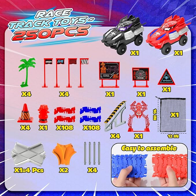 Spider Race Track Toys for Kids, Monster Truck Gifts for Ages 3 4 5 6 7 8 with 2 Cool Spider Cars and Flexible Train Tracks, Toddler Train Set for Boys Girls's Christmas Birthday Presents (250Pcs)
