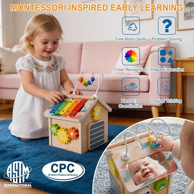Wooden Activity Cube for Toddlers 1-3 with Press to Go Car Toy, Montessori Baby Educational Learning Toys for Kids, Multipurpose Infant Activity Center, for Girls Boys 1+ Year Old
