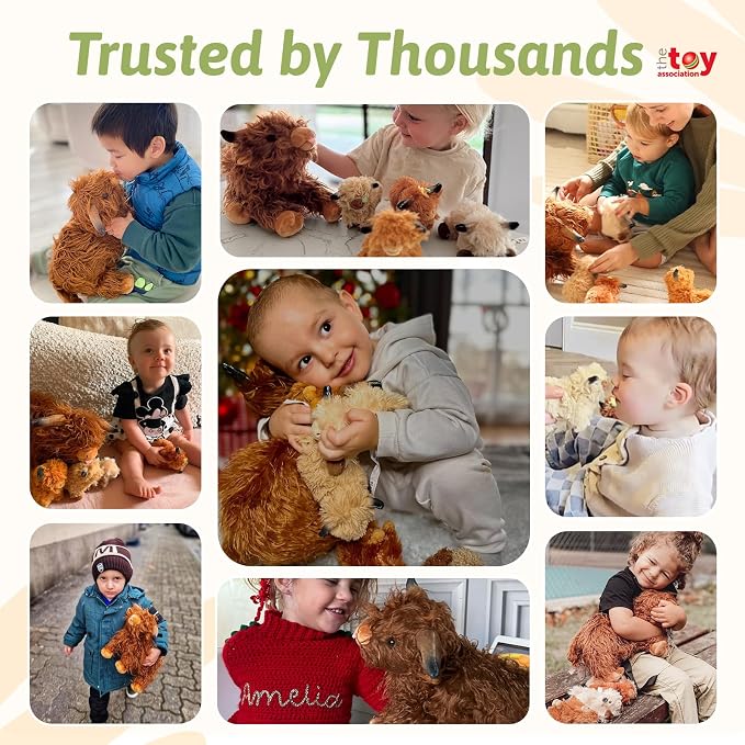 OUOZZZ Highland Cow Stuffed Animal, 14.5" Large Mom and 4 Babies Set | Realistic Fluffy Plush Toy, Includes 4 Baby Calves, Travel-Friendly & Portable