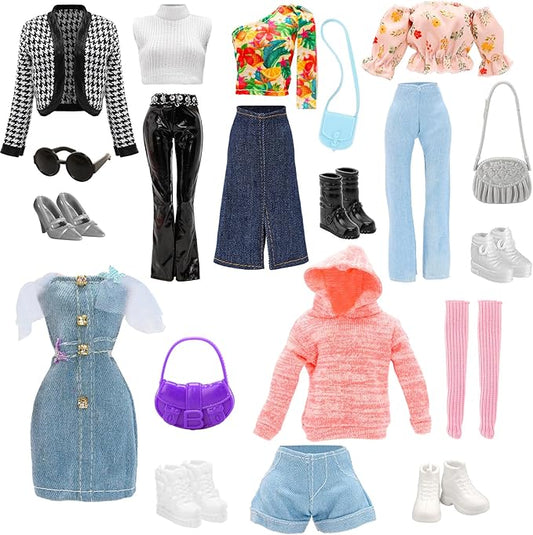 15 PCS Doll Clothes & Accessories Includes 5 Stylish Doll Outfit, Hooded Wear, Dress, Jacket, Casual Clothing with 5 Pairs of Shoes 5 Accessories for 11.5 Inch Girl Dolls Fashion Set
