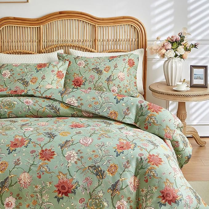 LifeTB Farmhouse Floral Comforter Full Comforter Set Botanical Flowers Vines Pattern on Green Floral Bedding Comforter Set Fluffy Soft Microfiber Aesthetic Bedding Botanical Comforter for All Seasons