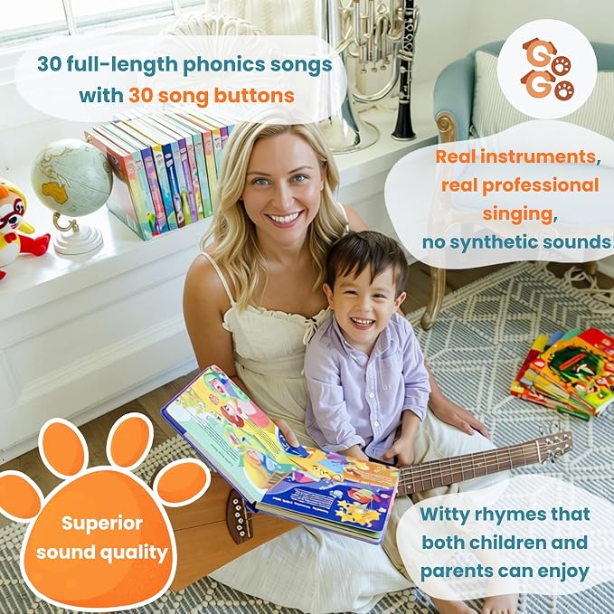GO GO 30 Funny Phonics Songs Sound Book, A-Z Letter Sound Songs, USB-C Rechargeable, Preschool & Kindergarten Learn to Read for 3 Year olds, Perfect Toy and Gift for Toddlers, Ages 2 3 4+