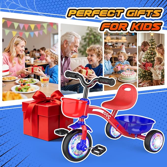 Tricycle for Toddlers 1-3 3-5 Year Olds, Unicorn Toddler Bike Baby Balance Bike with Colorful Lighting Wheels & Large Basket, Birthday Gift and Toy for 1 2 3 4 5 Year Olds Girls Boys-red