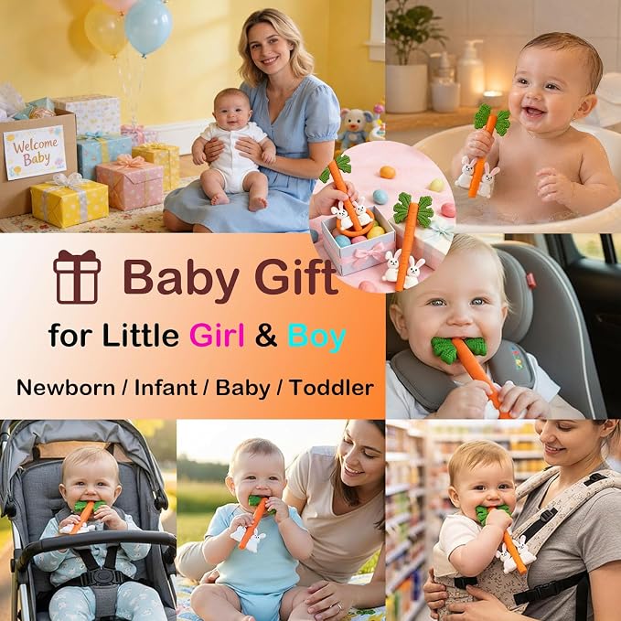 Baby Teething Toys Silicone Carrot Rabbit Hollow Teething Tubes -Sensory Chew Toys Over 3 Months - Teether Straws for Teething Relief -BPA Free Infant Toys Baby Shower Gifts Baby Essentials (1)