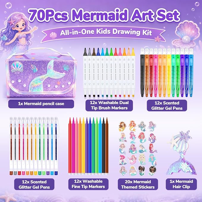 Mermaid Arts and Crafts for Girls Ages 4–5–6–7–8, 70 PCS Art Supplies Set for Kids with Washable Markers, Bonus Mermaid Hairpin, 3D Glitter Case, Scented Gel Pens & Twist-Up Crayons, Birthday Gift