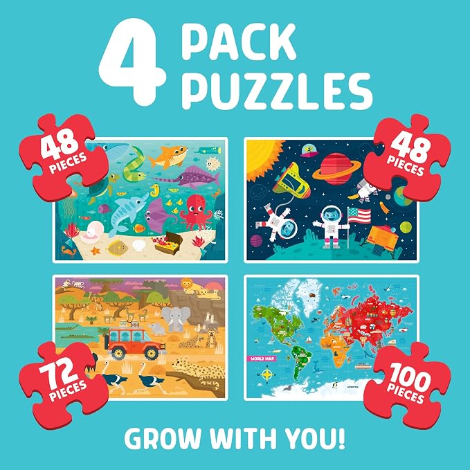 Chuckle & Roar Jigsaw Puzzle Set - 4 Pack, 48, 72 & 100 Pieces, Ages 3+ - Space, Ocean, Safari & World Map Scenes - Color Coded Backs & Storage Bags - Learning Toys for Preschool