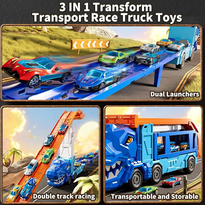 Truck Toys Car Track Set for 3 4 5 6 Years Old Boys, Dinosaur Truck Transporter Car Race Track with 12 Die-Cast Racing Car Toys, Birthday Gifts for Toddlers Kids Girls Age 3 4 5 6 7 8