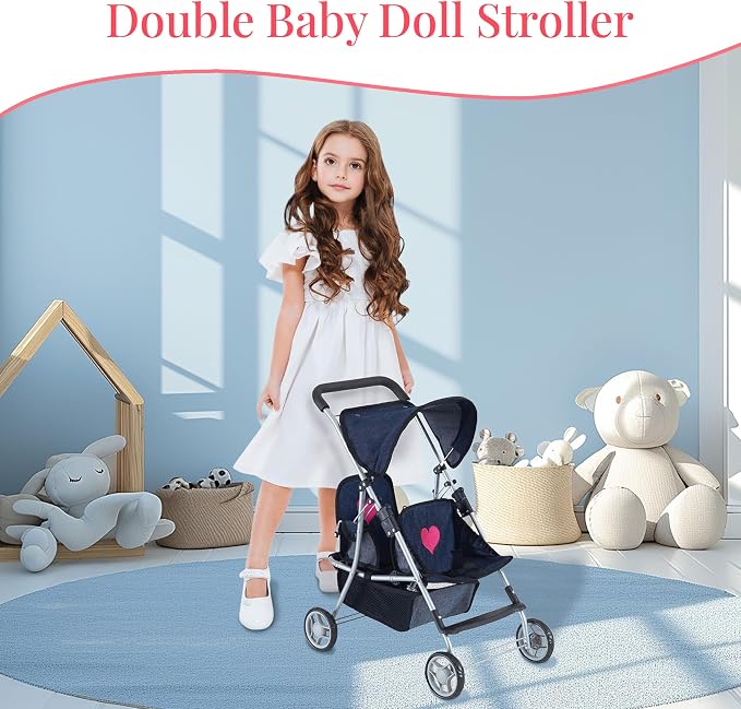The New York Doll Collection First Twin Stroller - Cutest Heart Design Baby Strollers Great Toy Gift for Toddlers and Girls (Denim) Blue,pink