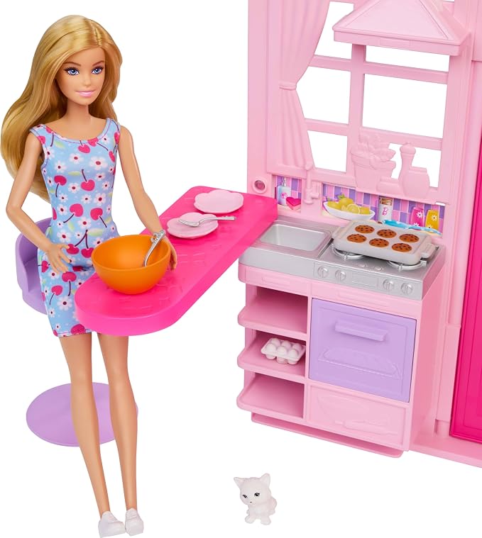 Barbie Weekend Escape House Playset with 10 Accessories Including Cookies to Bake, Kitten, 4 Play Areas, 2 Bunk Beds & 360-degree Play
