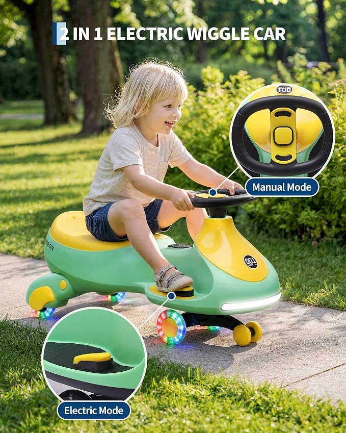 12V Electric Wiggle Car for Kids 2-in-1 Swing Car 360 Steering Pedal Ride | PP Plastic Body,Indoor Outdoor Play,Kids Activity Toy,Preschool Riding Fun,Low Gravity Design,Family Entertainment