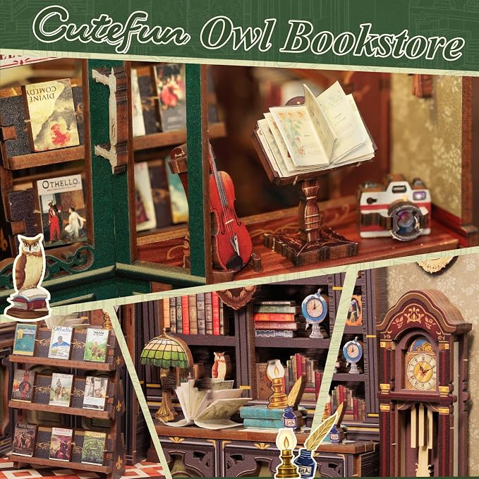 Cutefun Book Nook Kit - DIY Miniature Dollhouse Kit for Adults, Teens and Beginners, Tiny House Bookshelf Decor 3D Wooden Puzzles, Best Birthday and Valentine's Day Gifts (Owl Bookstore)