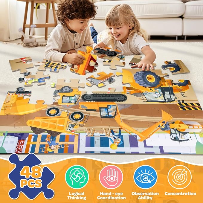 Jumbo Floor Puzzle for Kids, 48 Piece Large Construction Vehicle Jigsaw Puzzles for 3 4 5, Toddler Learning Preschool Educational Toys for 4-8, Birthday for Boys Girls