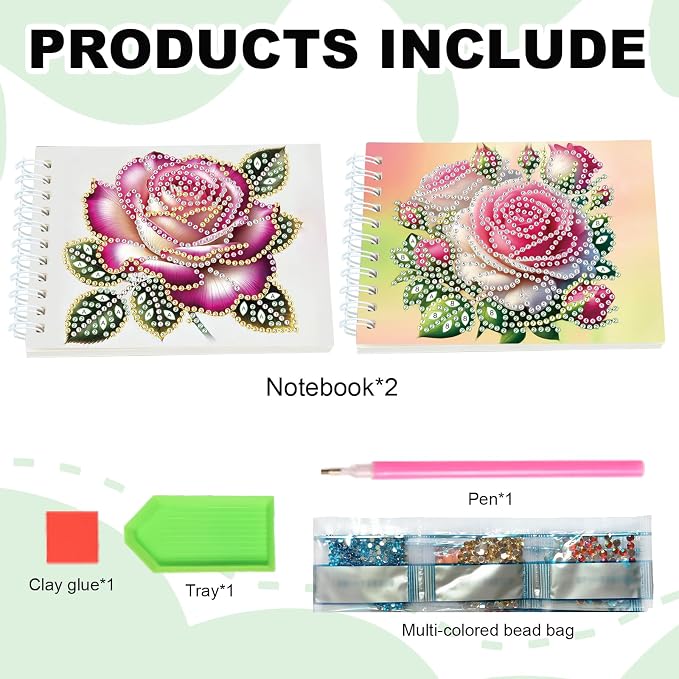 2 Pcs Rose Flower Diamond Painting 80 Pages Notebook for Adults,Flower Diamond Art Journal and DIY Sketchbook, Diamonds Art Kit Supplies,Gift for Beginners, Craft Lovers, Artists. (Rose)