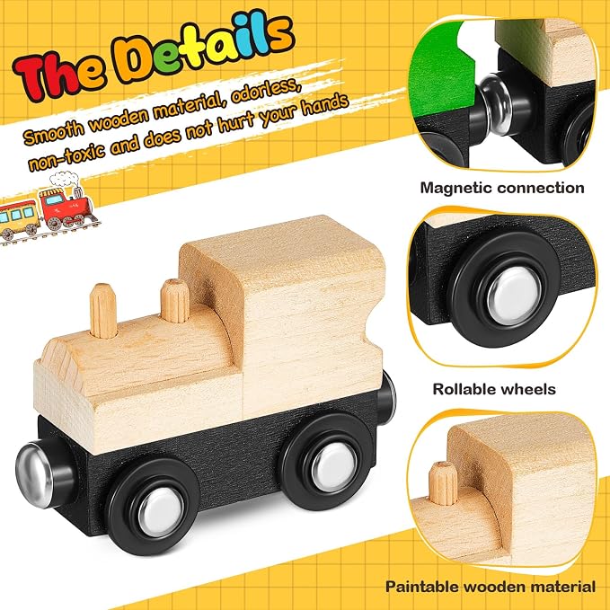 Halloscume 10 Pcs Unfinished Magnetic Wooden Train Cars 5 Styles DIY Unpainted Wood Trains for Paint Crafts Project & Summer Camp, Birthday Party Favors Decorations (Retro)