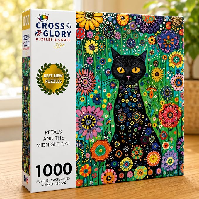 Cross & Glory | 1000 Piece Jigsaw Puzzles for Adults | Petals and The Midnight Cat | 1000 Piece Puzzle for Adults Cats & Floral | Satin Finish | Ages 14+