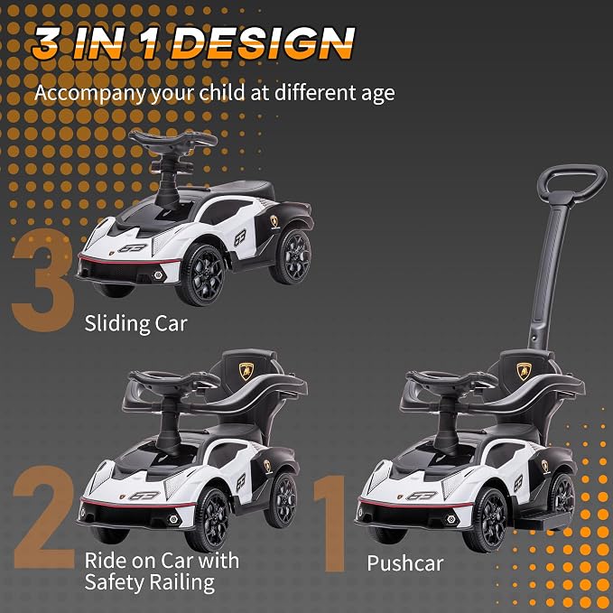 Aosom 2-in-1 Ride On Push Car for Toddlers 1-3, Licensed Lamborghini Stroller Sliding Car, Push-Along with Under Seat Storage Horn Engine Sound and Steering Wheel, Manual, White