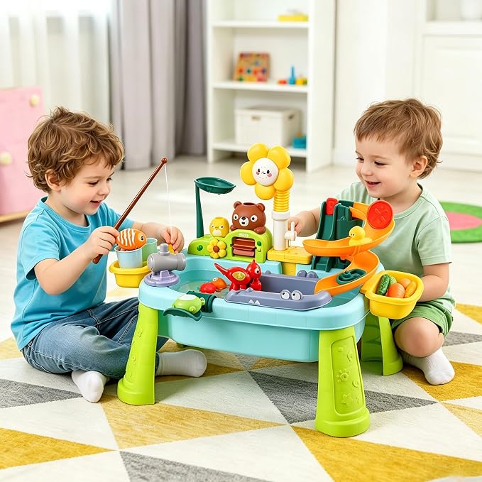 Kids Sand & Water Table — 4-in-1 Kitchen Sink Toy with Battery-Powered Water Pump, Faucet, Play Food & Fishing Set, for Boys & Girls Age 3+ (Blue-Sunflower)