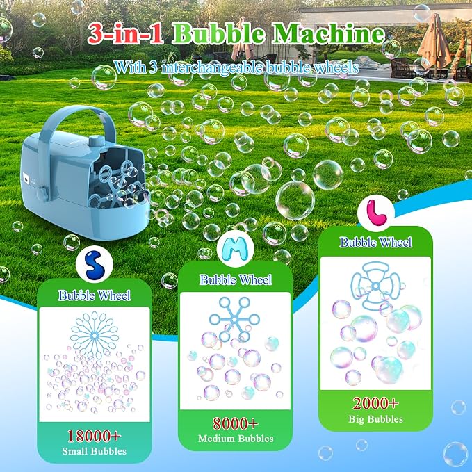 Wisdomlit Bubble Machine, 3-in-1 Bubble Maker, Bubble Blower with 3 Bubble Wheels, Make Small | Medium | Big Bubbles for Kids Toddlers, Bubble Toys for Indoor Outdoor Birthday Party (Blue)