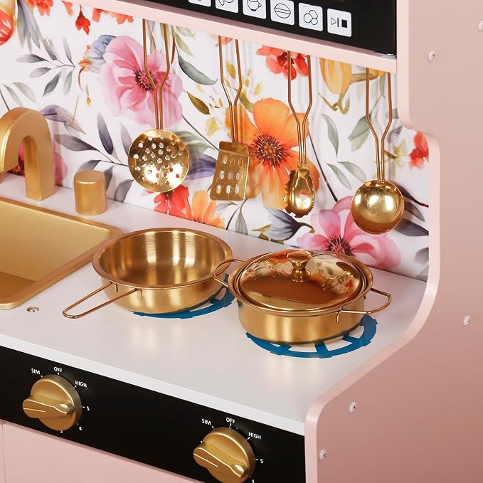 TOUCH US Wooden Play Kitchen Toy Set with Light, Kids Children Pretend Toy Kitchen Playset, Sink Play Toy Oven with Microwave,Toddler Cooking Set Toy for Ages 3+Baby Girls Boys (Pink)