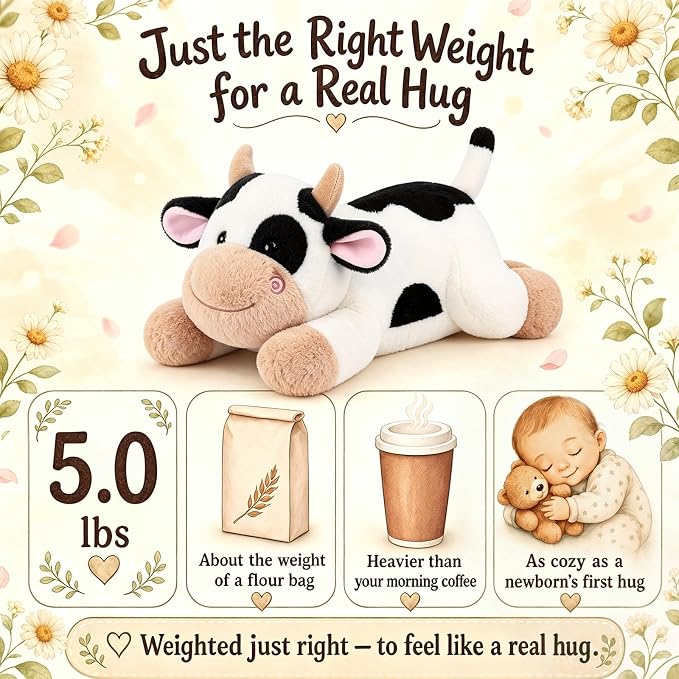 gnomantic Cow Weighted Stuffed Animals - 28 Inch 5.0 Pounds Weighted Plushies Cow Stuffed Animals - Large Plush Pillow - Cute Plush Toys Gifts for Kids & Adults (28" 5.0 lbs Black)