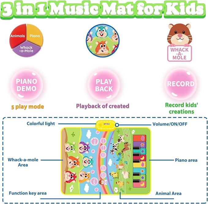 MOMUSE 3-in-1 Piano Music Mat for Kids, Whack-a-Mole Game Floor Play Mat with 30 Sound & Function Keys, Sensory Musical Toys for Girls Boys 3 4 5 6 7 8 9 Years Old