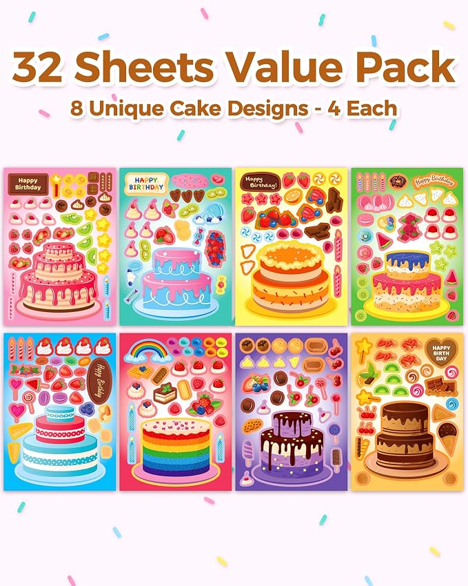 Aowplc 32 Sheets Cake Stickers for Kids – Make Your Own Birthday Cakes Stickers, Toddler Party Favors & Goodie Bag Stuffers