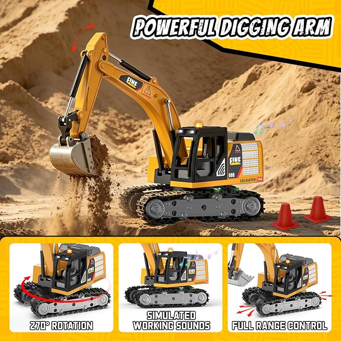 Selieve 1/64 Remote Control Excavator for Boys Age 3+ | Mini Excavator Toy, Learning Programming, Metal Shovel & Light, RC Construction Vehicle